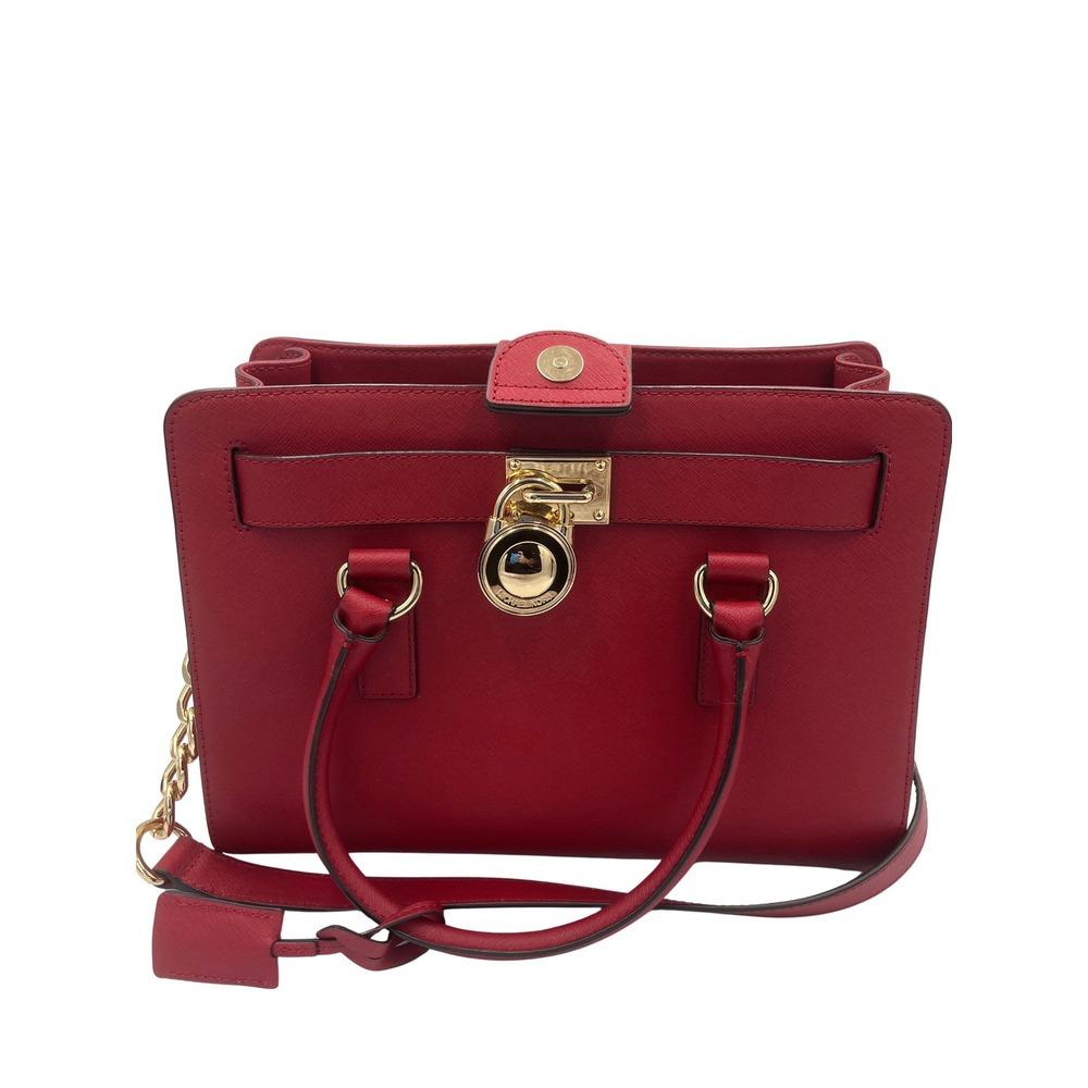 Michael Kors Hamilton Satchl Red Saffiano Leathr Gold Lock Handbag Medium 1TVUYL